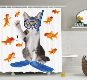 

Cat Lover Decor Collection Modern Spin on The Term Fishing Curiosity Goldfish Hunting Humorous Funny Art Bathroom Shower Curtain