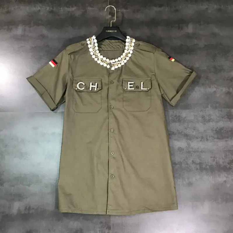 

2019 summer new letter brooch rework pearl rhinestone chain short-sleeved shirt