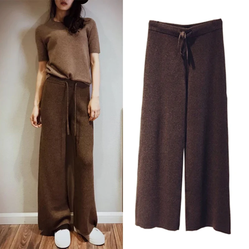 

2018 Direct Selling Special Offer Women Women's Wool Pants Cashmere Knit Wide Leg Casual High Waist Trousers Loose Elastic Wear