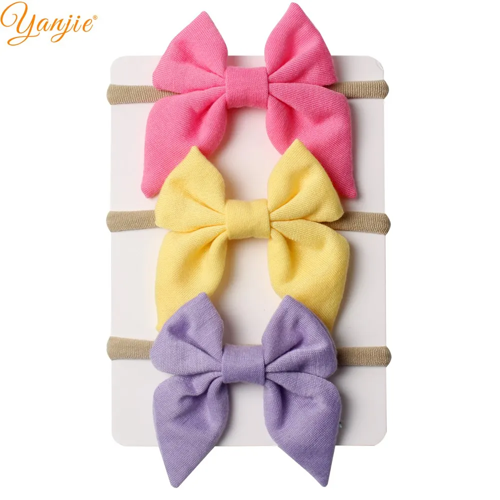 3pcs/set 3'' Cotton Bow With Khaki Nylon Headbands For Girls Solid Hair Bows Thin Elastic Nylon Headband Hair Accessories