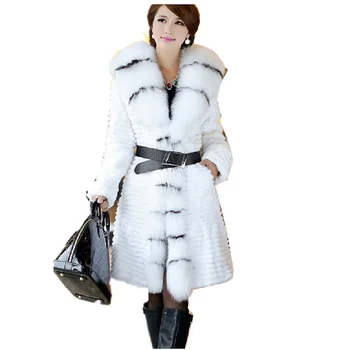 

fur coat Large Genuine Fox Fur Collar Rabbit Long Slim Design Women's White Luxury Winter Fall Fur Coat From Natural Fur C225