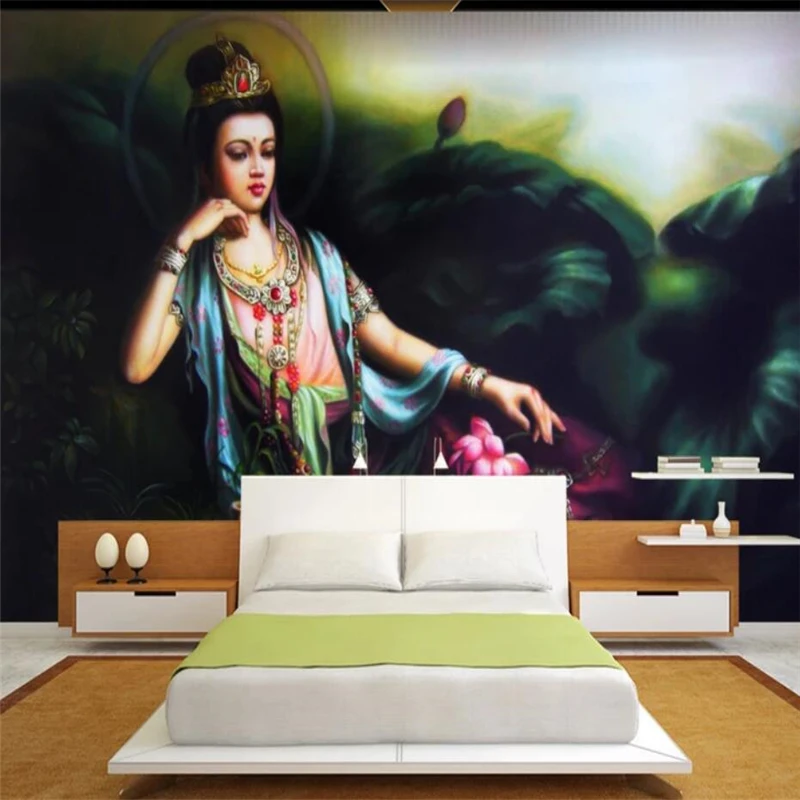 

Beibehang Dunhuang Flying Jade Headboard Background Custom Large Mural Green Silk Wallpaper papel de parede para quarto