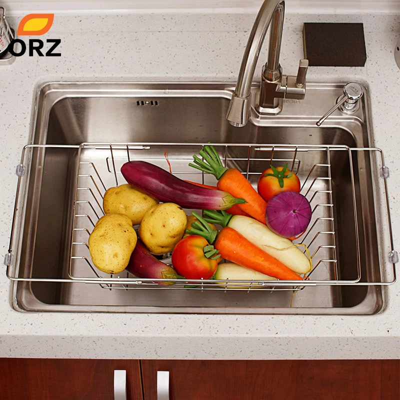 Kitchen Fruits Vegetables Draining Rack Stainless Steel Adjustable In-Sink Dish Bowl Drainer Drying Basket Storage Tray ORZ