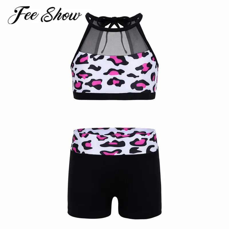 

FEESHOW Kids Girl Ballet Leotrd Set Sleeveless Mesh Splice Top with Shorts Set Ballet Dance Gymnastics Leotard Festival Outfit