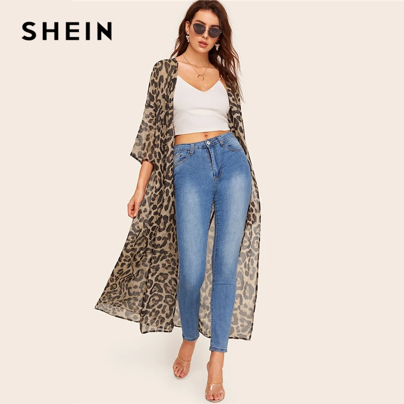 Billige SHEIN Multicolor Tropfen Schulter Leopard Kimono Strickjacke Frauen Lange Bluse 2019 Frühling Sommer Casual Urlaub Kimonos