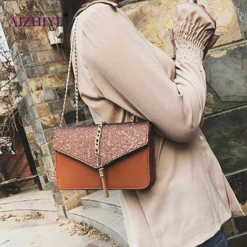 2018 Women Sequin Stars Handbags Clutch Pu Leather Chain Crossbody 2018 Women Sequin Stars Handbags Clutch Pu Leather Chain Crossbody Bags For Tassel Shoulder Sling Small In Top Handle From Luggage