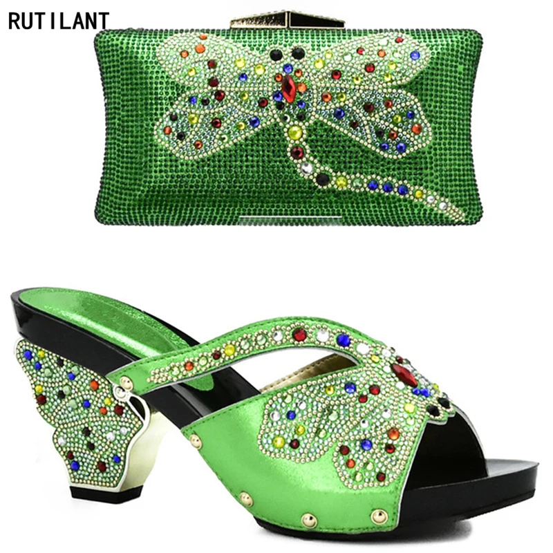 

New Arrival Green Color Women Shoes and Bag Set In Italy High Quality African Wedding Shoe and Bag Set Decorated with Rhinestone