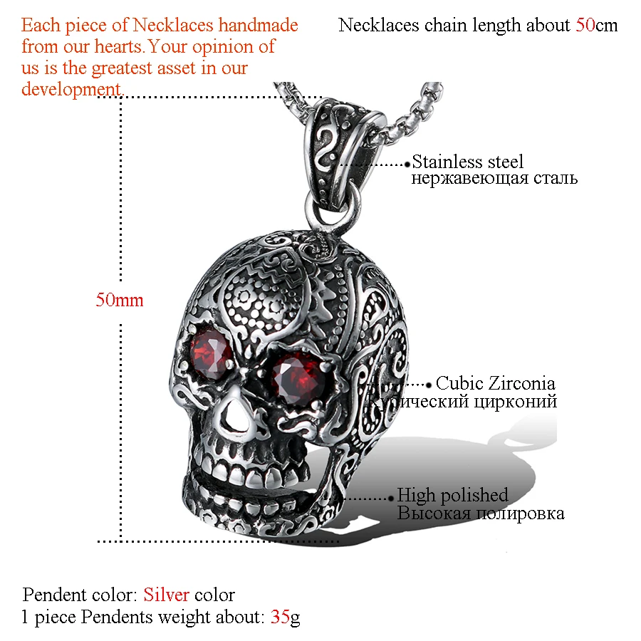 Punk Skull Nation Totem Red Crystal Pendant Necklace