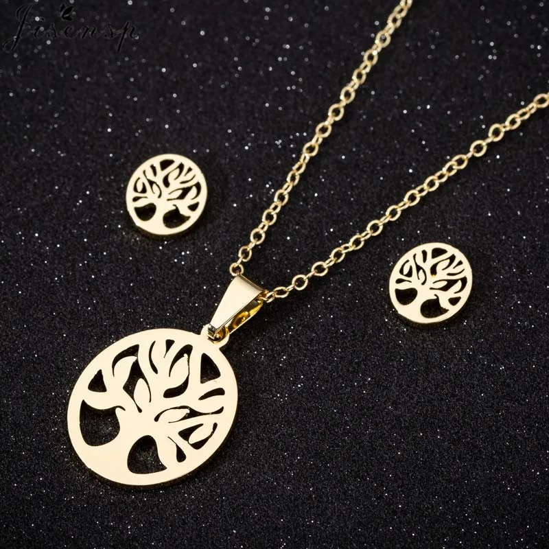 

Jisensp 2019 Unique Vintage Tree Stainless Steel Necklace for Women Simple Round Tree Necklace Earrings Fashion Jewelry Gift