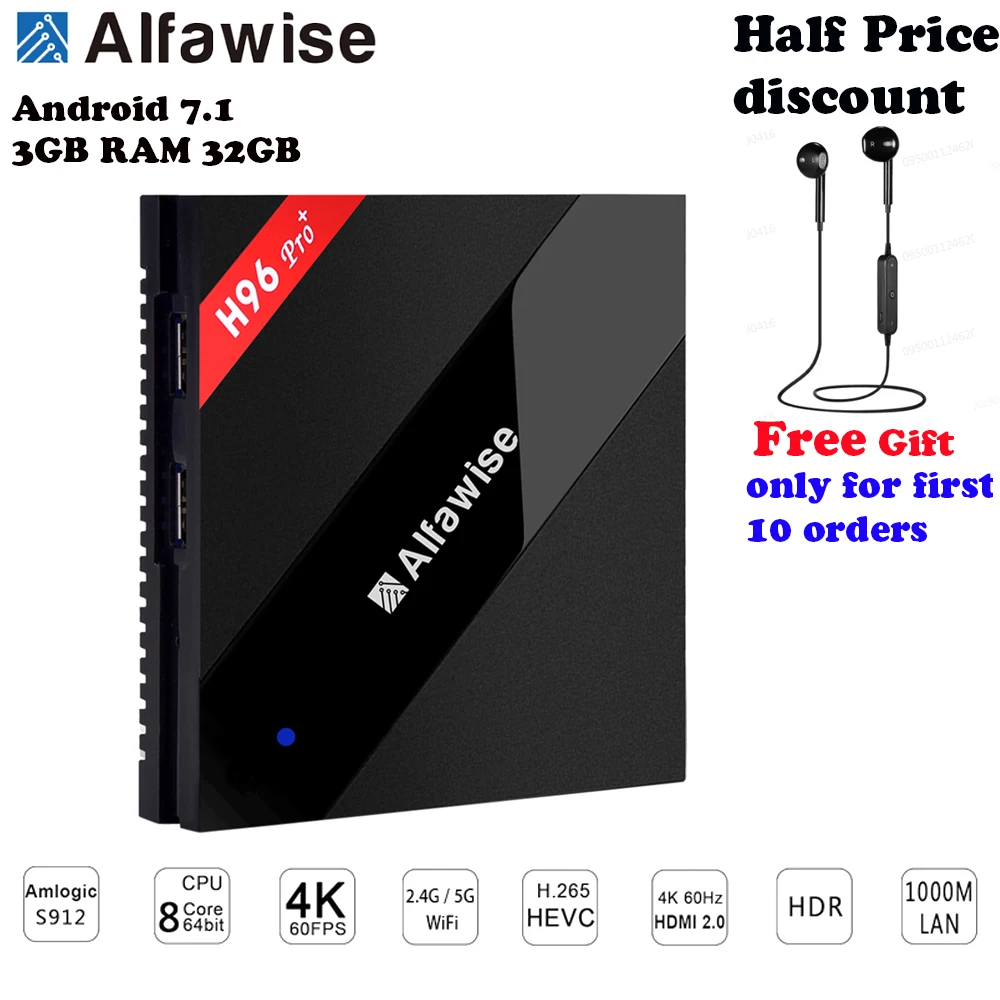 

Alfawise H96 Pro+ Smart TV Box Android 7.1 3GB RAM 32GB ROM Amlogic S912 Octa Core 1000Lan Bluetooth 4.1 5G WiFi Set Top Box