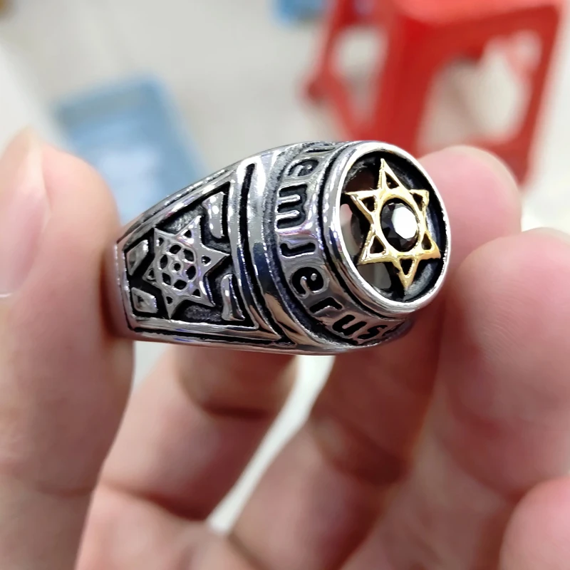 

Jerusalem Gold Star of David Ring Men Religious Judaism Israel Jewish Jewelry Men Ring Stainless Steel Obsidian Satan Male Rings