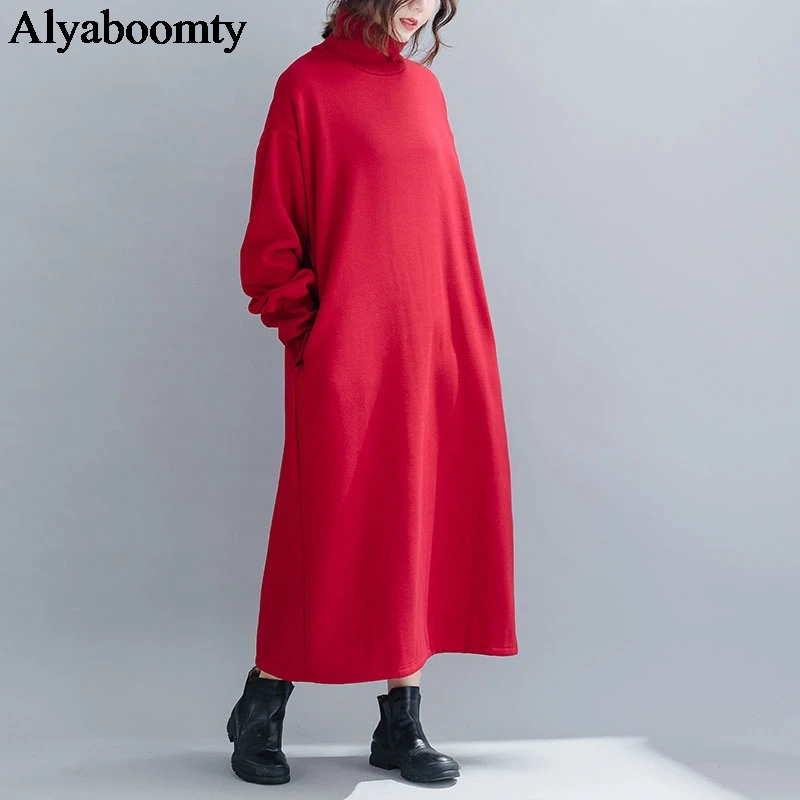 Размера плюс, женское осеннее зимнее теплое платье, водолазка, черный, красный, больше размера d, повседневное свободное платье с капюшоном, толстое Хлопковое трикотажное платье - Цвет: Red