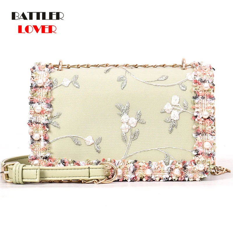 Lace Flowers Women Bag 2019 New Handbag High Quality PU Leather Sweet Girls Square Bag Flower Pearl Chain Shoulder Messenger Bag