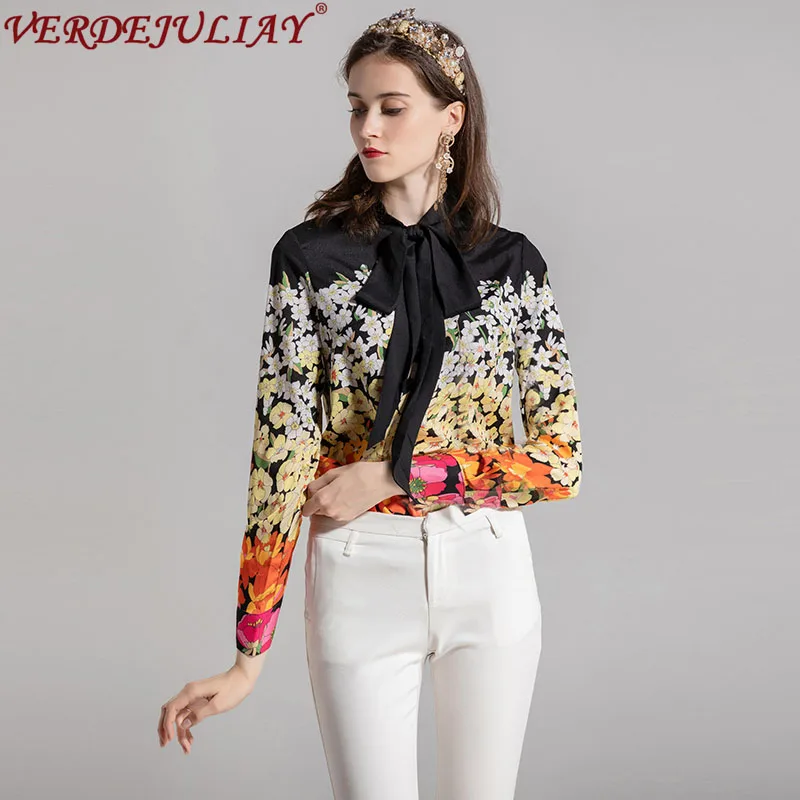 

Ladies Office Blouses Women Fashion 2019 New Autumn Flower Print Bow Collar Single-Breasted Color Patchwork Plus Size Blouse