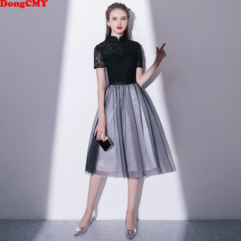 

DongCMY New 2019 Short Lace Prom Dresses Sexy Black Party Elegant Vestido High Women Gown