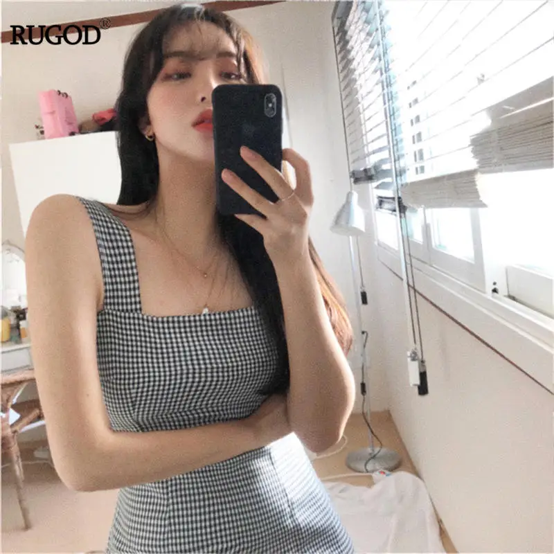

RUGOD summer dresses Korea Ghost Horse Girl Appearance Temperament Plaid Sling Long fashionable Dress