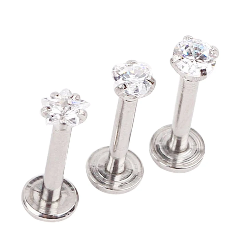 1Pc New Lip Rings Stud 1.2x8x3mm Labret Piercing Bar With Crystal Round