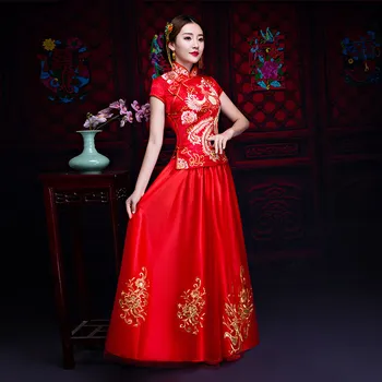 

bride wedding dress Traditional chinese style costume Phoenix cheongsam Embroidery clothing Luxury ancient Royal Red Qipao gown