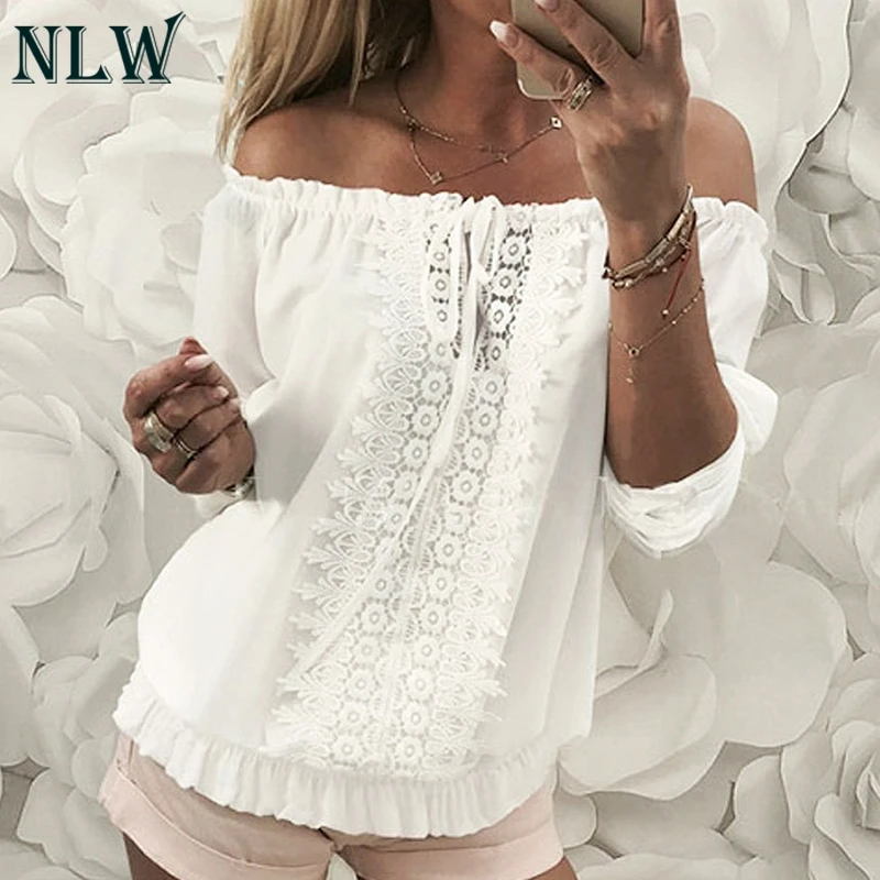 

NLW Lace Elegant White Blouse Shirts Women Tops Off Shoulder Chiffon Ruffles Vintage Casual Blouses Shirt Lace Up Blusa Mujer
