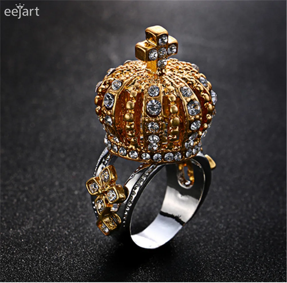 Vintage Jewelry Rhinestone Imperial Crown Ring with Cross Exaggerated