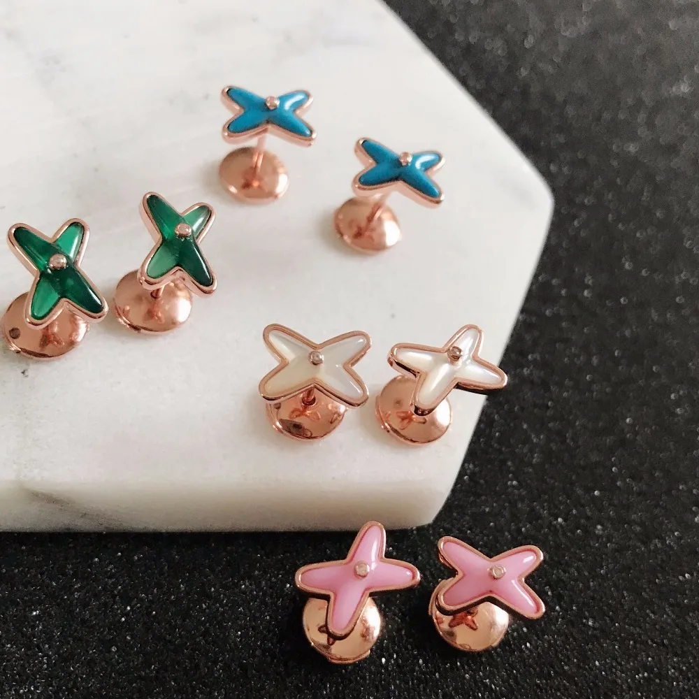 

4 colors S925 sterling silver party jewelry X stud earrings for women famous brand nature stone cross liens earrings lover gift