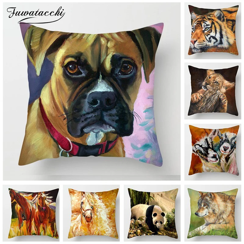 Fuwatacchi Dog Panda Horse Cushion Cover Deer Tiger Chicken Pillow Cover for Home Chair Animals Decorative Pillows 45*45cm
