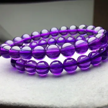 

7mm Natural Purple Amethyst Quartz Crystal Round Beads Clear Stretch Fashion Bracelet AAAAA