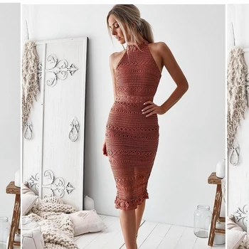 

Newest 2019 Women Brown Hollow Out Sexy Mesh Dress Sleeveless Knee-Length Solid Chic Summer Bodycon Celebrity Party Dresses Club