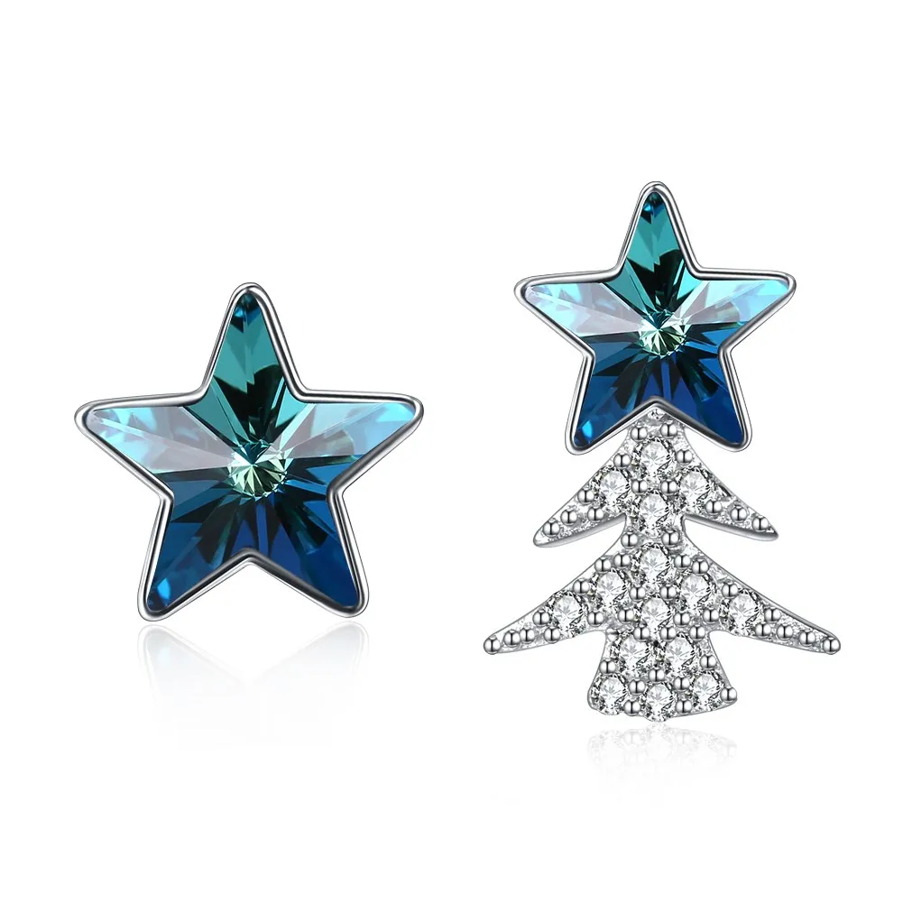 

INALIS Christmas Explosions 925 Sterling Silver Asymmetric Christma Tree Five pointed Star Crystals from Swarovski Stud Earrings