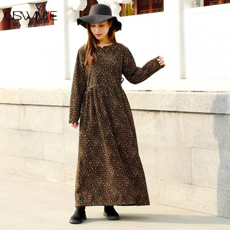 

2018 Women Dress National Wind Long Sleeves O-neck Vestidos Leopard Pattern Collect Waist Personality Long Section Dress USWMIE