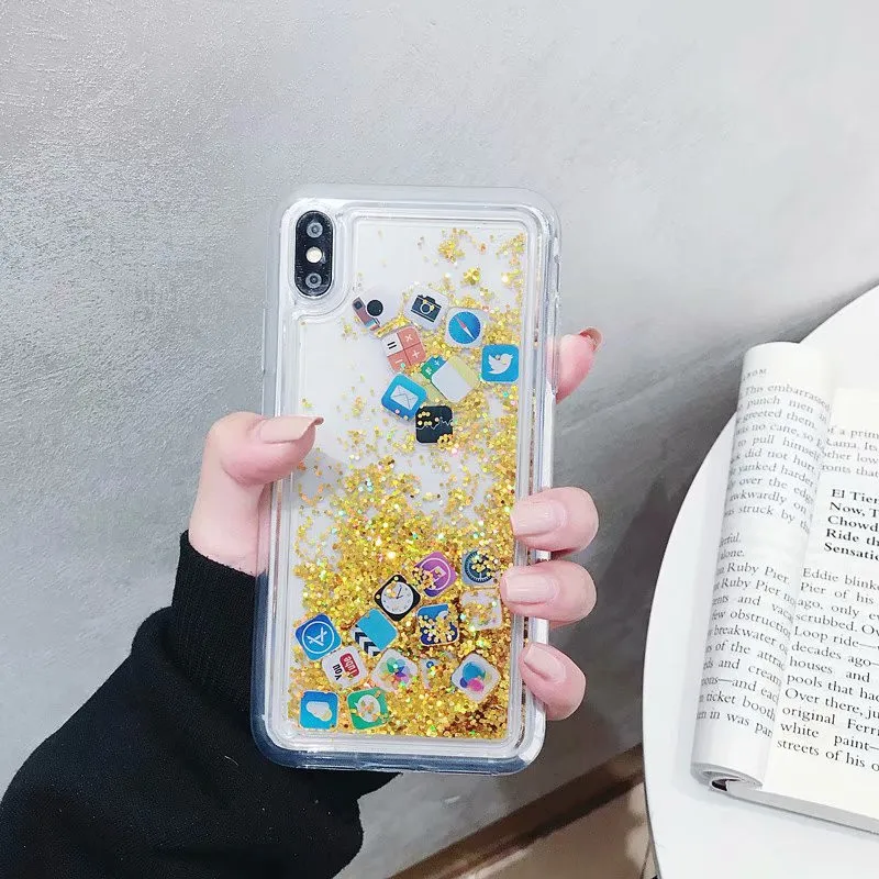 DISCASE Luxury Glitter Phone Case For iphone XS XR XS MAX Cute Liquid Quicksand Icon For iphone X 6 6s 8 7 plus Back Case Cover