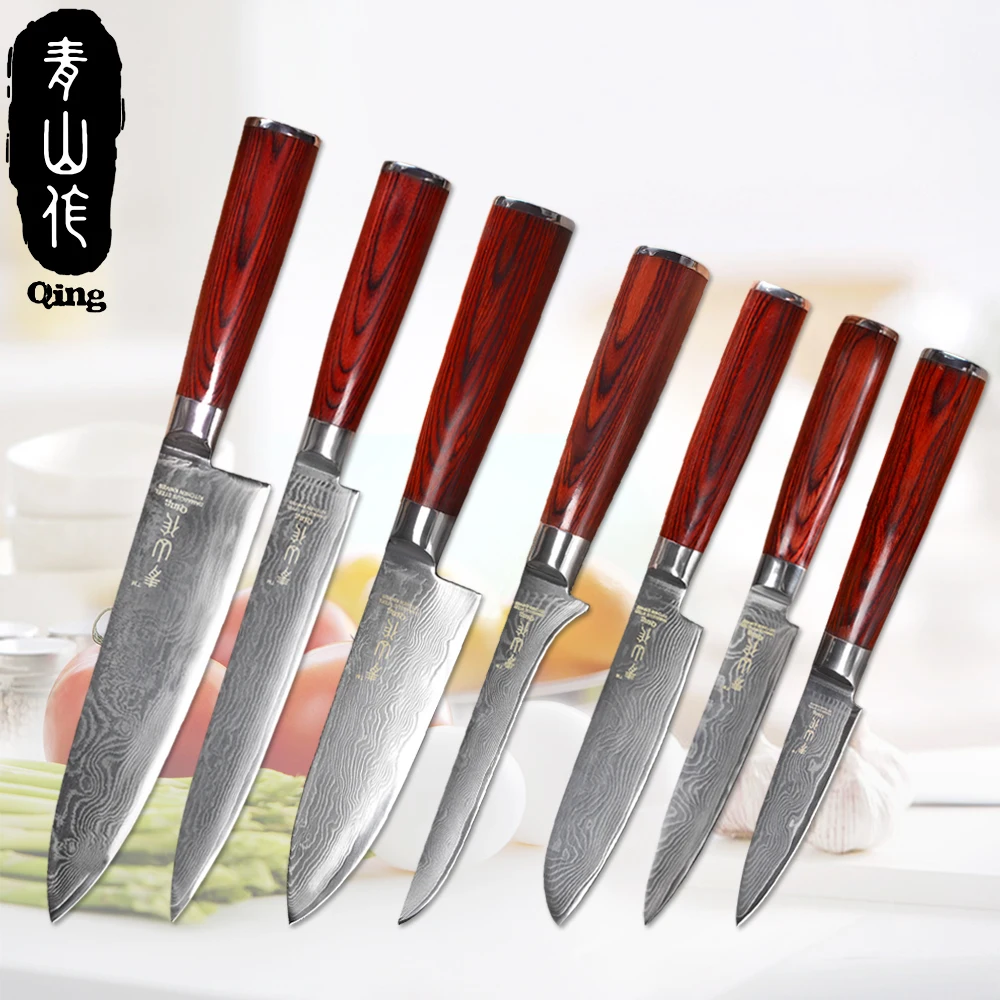 

QING 7-Pieces Damascus Knife Set Japanese Style Handmade Cooking Tools 67-Layers Damascus Steel Kitchen Knives Color Wood Handle
