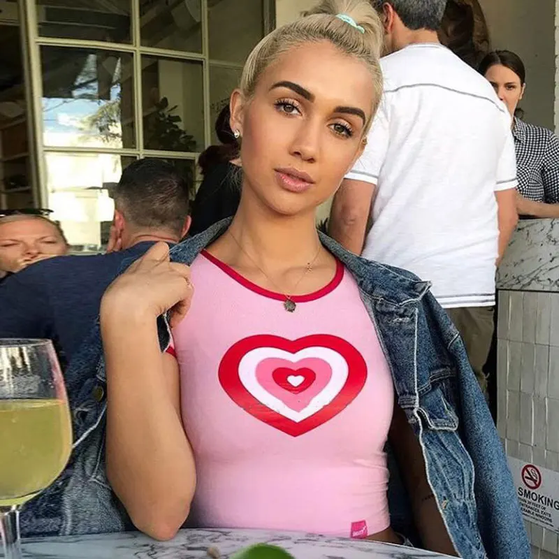 Omighty الوردي الحلو القلب القطن t قميص المرأة قمم تيز طباعة مضحك الإناث تي شيرت الصيف المحاصيل الأعلى 2018 قصيرة الأكمام الملابس