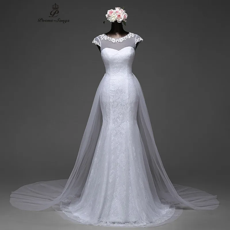 Poemssongs Elegant Sexy Sleeve Mermaid Wedding Dress Removable