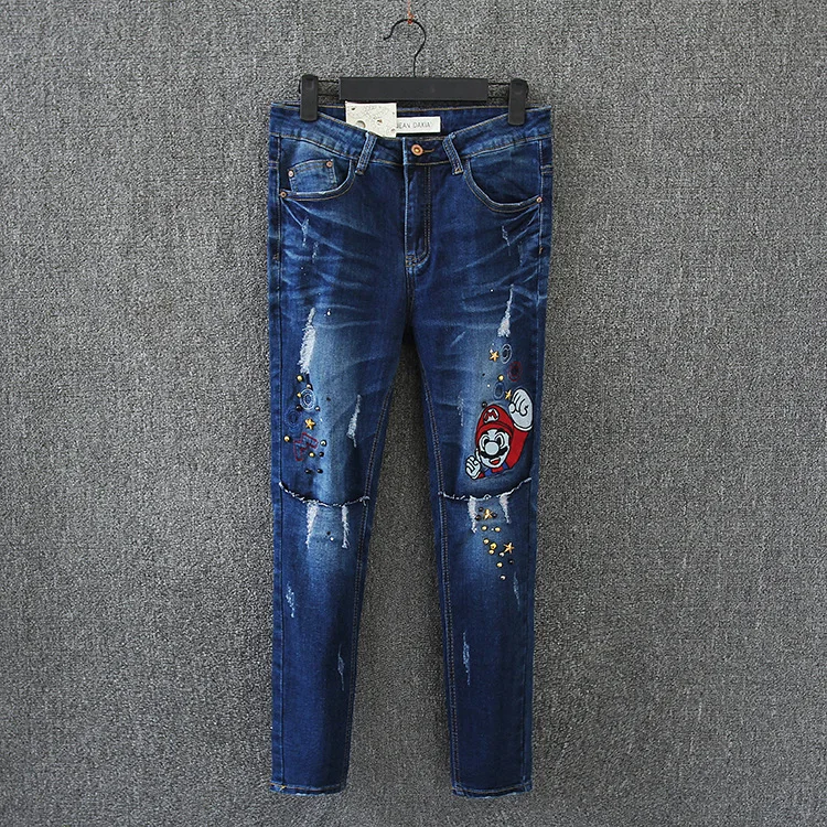 

2017 Spring Summer New Jeans Women Ankle-Length Straight Mid Waist Jeans Lady Ripped Loose Fashion Trousers Plus Size
