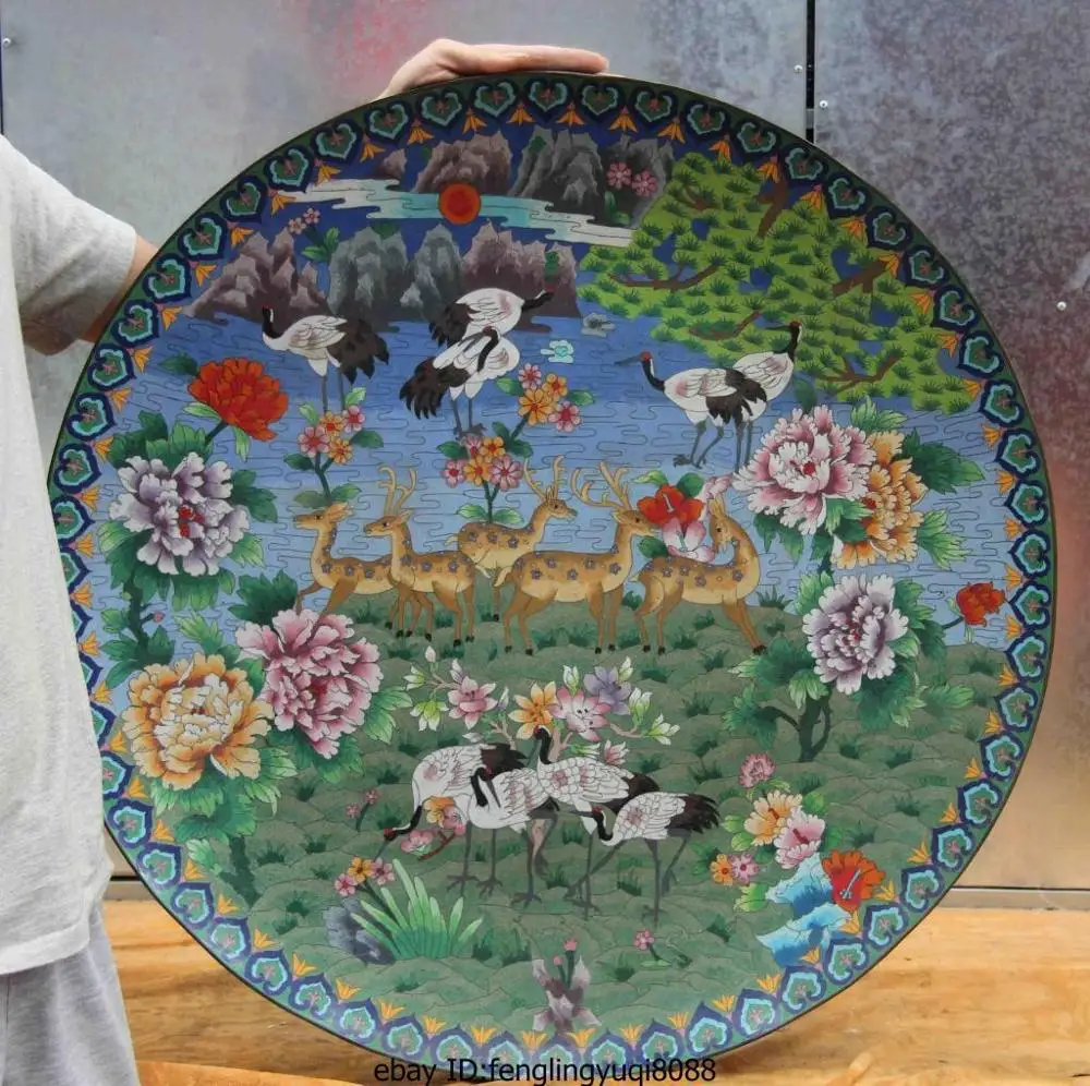 

30 Palace old Copper Cloisonne Enamel spotted deer Red-crowned crane dish Plate