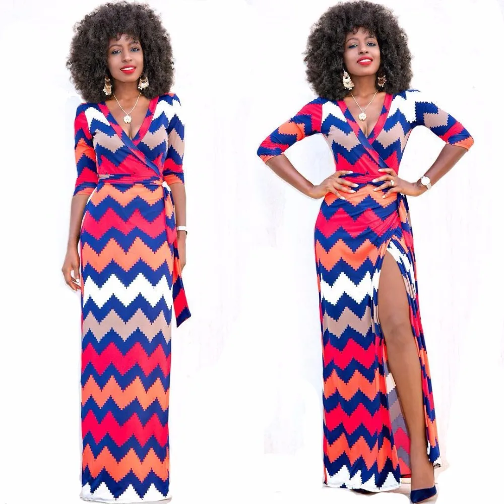 Round Neck Slit Striped Long Sleeve Maxi Dresses