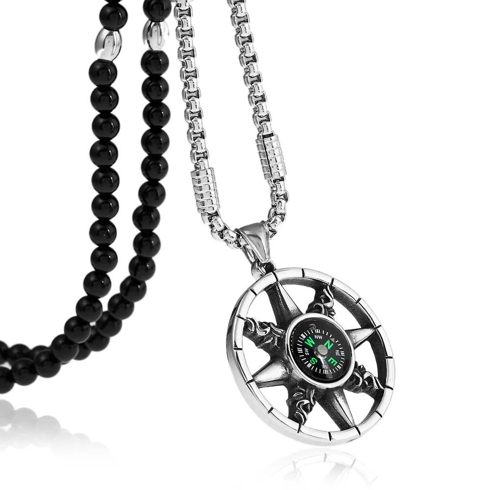 

316L Stainless Steel Compass Necklace Field Adventure Survival Tool Pendants Necklaces with Black Natural Stone Chain 26