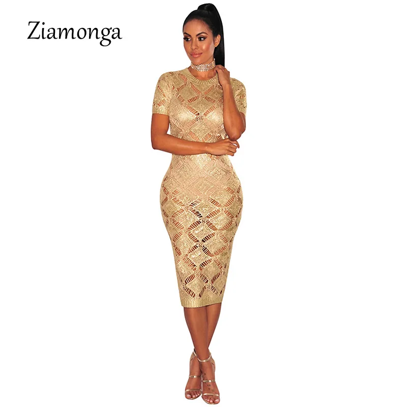 Ziamonga элегантные Для женщин Бандажное платье короткий рукав вязаная крючком сексуальное платье с О-образным вырезом сексуальное миди "карандаш" обтягивающее платье Для женщин платья