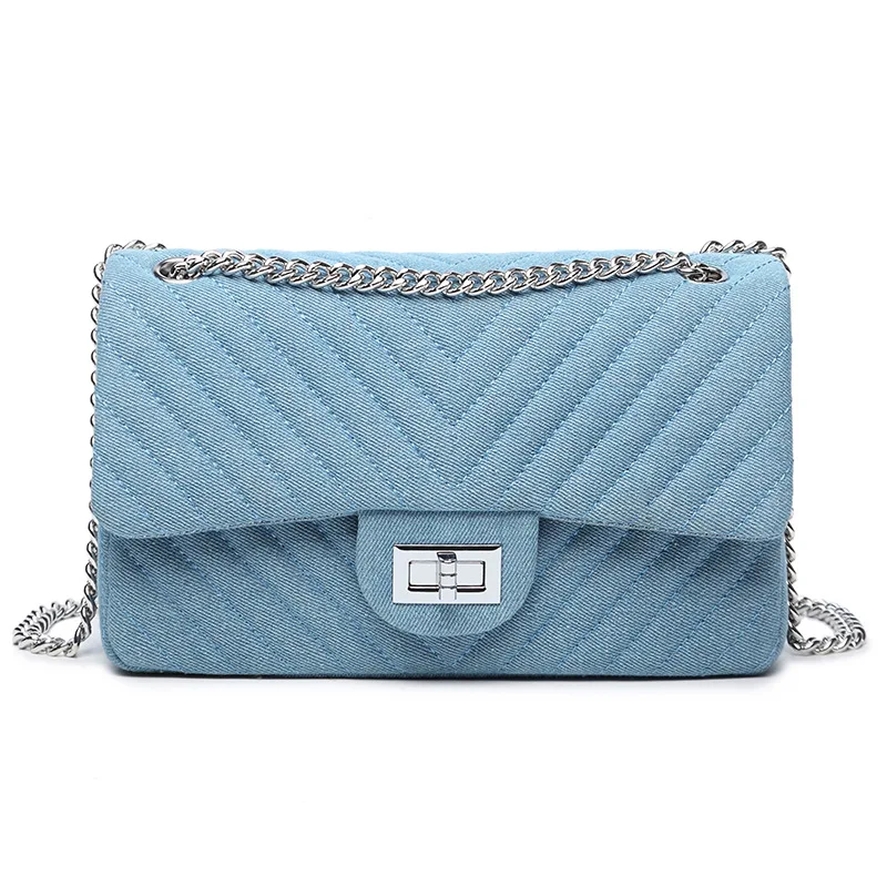 

v diamond lattice fashion small denim bag design flap party purse quality pu artificial leather women shoulder Chain bag