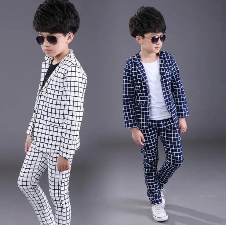 

New England Style White Blue Black Boys Casual Blazer Jacket +Pant Two Suits For Kids Clothes 2-12T Children's Blazer KS-1606