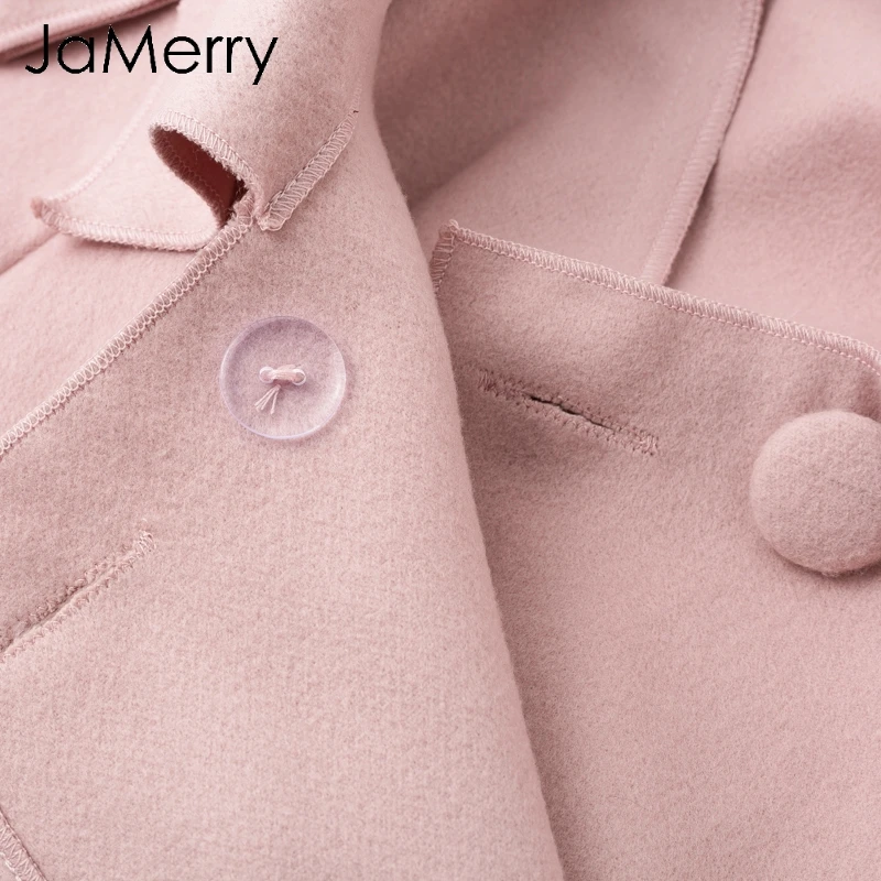 JaMerry Elegant ruffled wide lapel belt women coat Long pink trim wool coat 2018 Autumn winter fashion chic button trench coat