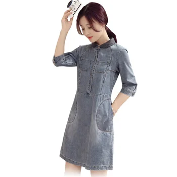 

Women Denim Dress Spring New Casual Stitching Mediun long Denim Dress Fashion Large size M-3XL High-quality Female Dress JIA142