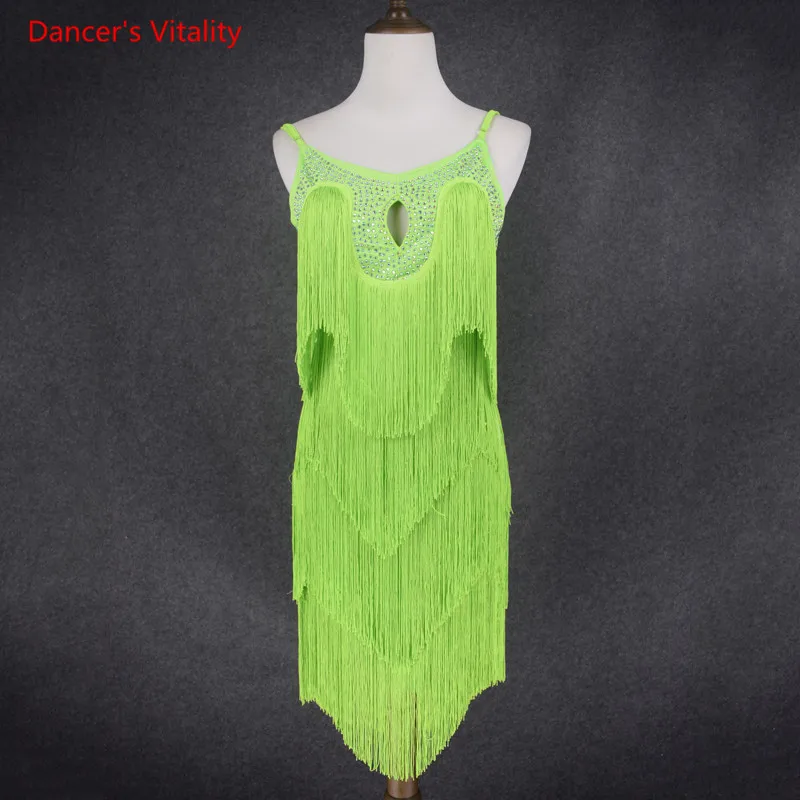 green Sexy tassel dress latin dance clothes for women latin dance tassel sleeveless dress girls latin dance dress Cha-cha dance dress - Цвет: green