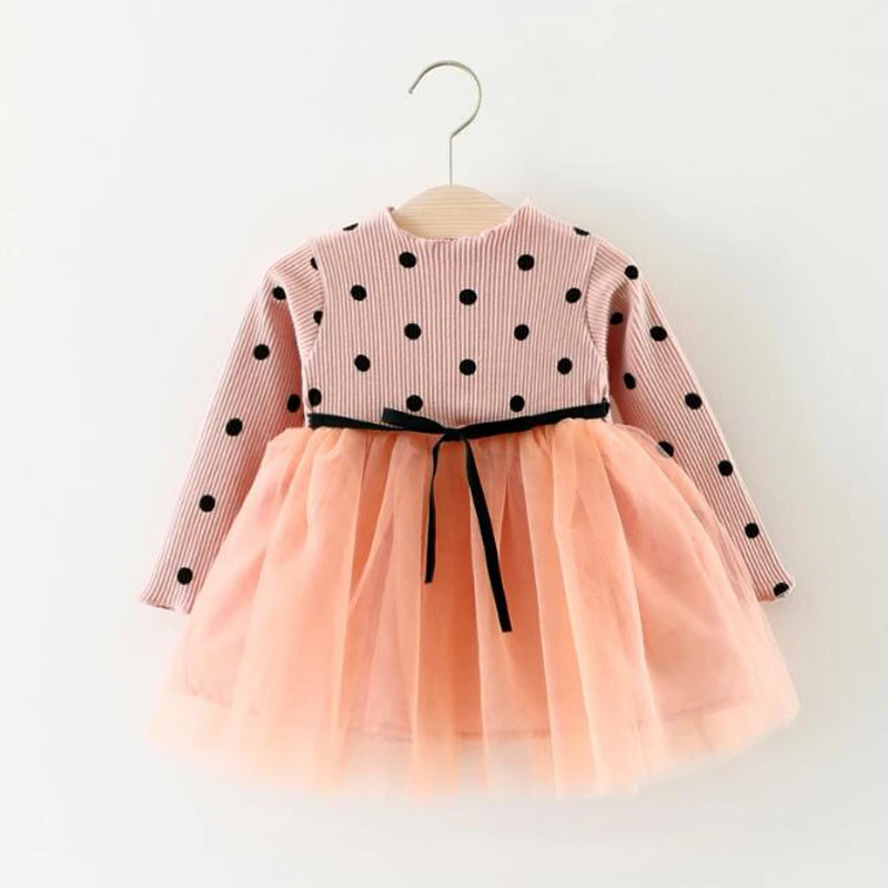 

2019 children's clothing autumn and winter new dot elegant stitching yarn princess dress girls long sleeve round neck dress