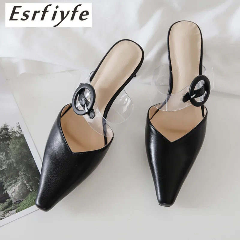 

ESRFIYFE 2019 New Genuine Leather Mules Women's Slippers Thick Heel Pointed Toe Butterfly Loafers Flip Flops Casual Shoes Woman