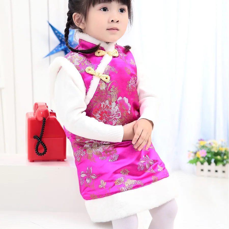 Зимнее платье для девочек в китайском стиле, хлопковое детское платье Ципао без рукавов для маленьких девочек