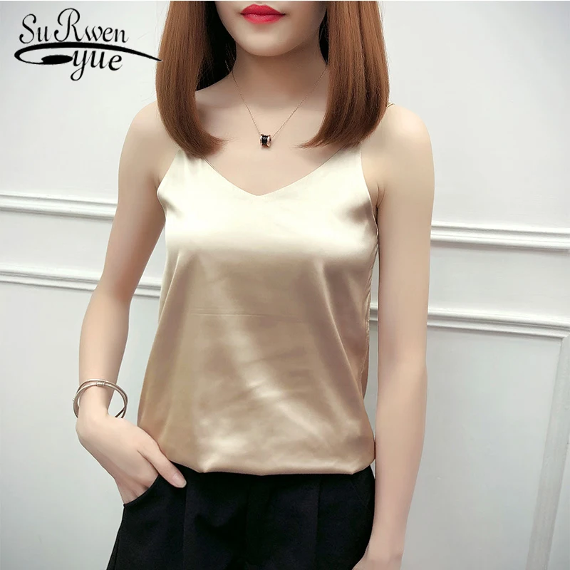 

Silk Tank Top Gray Champagne Green Black White Top Female Sexy Slim V Neck Sleevelss Camisole Tank solid top women 3402 50