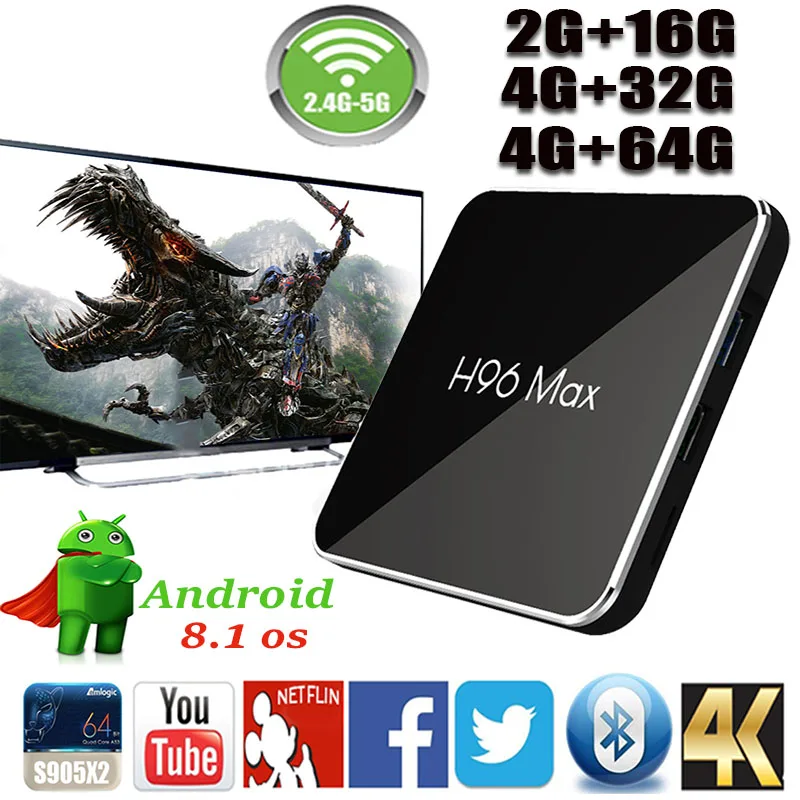 

H96 max X2 Android 8.1Smart TV BOX Amlogic S905X2 2/4GB ROM 16/32/64GB ROM LPDDR4 2.4G&5G Wifi BT4.0 H.265 4K HD Set Top Box