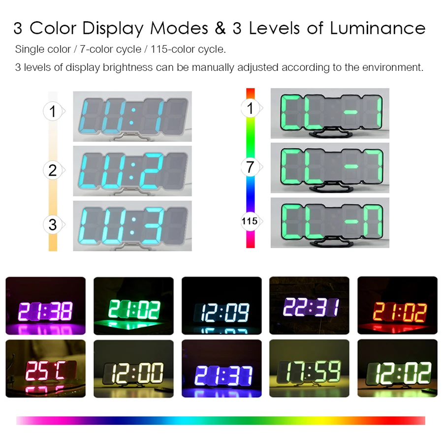 3D Звуковое управление, 115 цветов, будильник, беспроводной пульт дистанционного управления, цифровые настенные часы, светодиодный дисплей, регулируемая яркость, настольный планшет